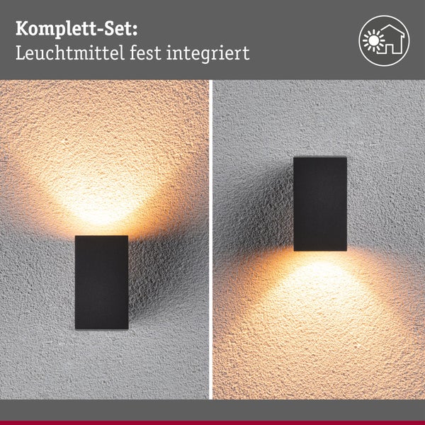 Rechteckige Wandleuchte für den Außenbereich mit fest integrierter Lichtquelle für Lichtausstrahlung nach oben oder unten.
