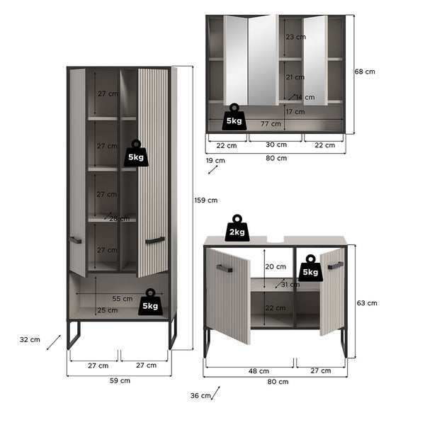 Bagno Badmöbelset 3 Teile hellgrau, cremefarben. 154 X 36 X 192 cm