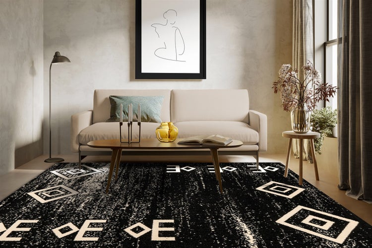 Kurzflor Teppich Nayeli Schwarz Ethno-Design 80 x 150 cm