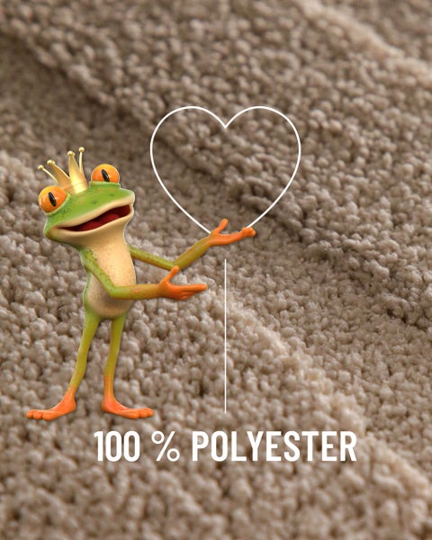 Materialhinweis 100 Prozent Polyester mit Frosch Maskottchen