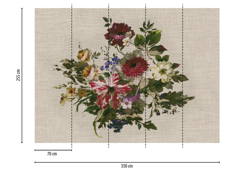 Fototapete mit Blumenstrauß auf Leinenstruktur, Höhe 255 Zentimeter, Breite 350 Zentimeter, fünf Bahnen zu je 70 Zentimeter.