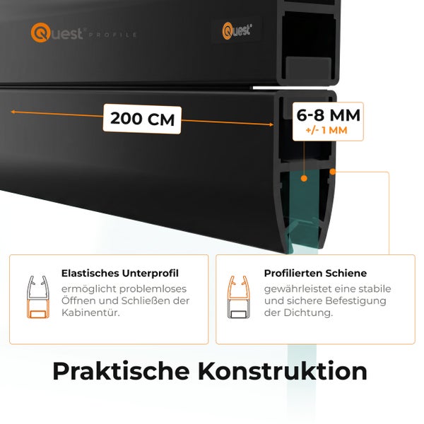 Quest Profile Dichtung für Kabinentüren, Länge 200 Zentimeter, passend für Glasstärken von 6 bis 8 Millimeter, mit elastischem Unterprofil.