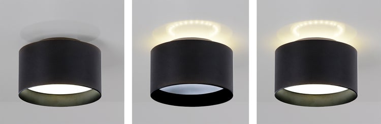 Drei Ansichten einer schwarzen Deckenleuchte
