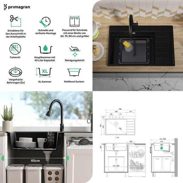 Produktinformationen zu einer Küchenspüle von Primagran mit Schablone, einfacher Montage, passend für Schränke ab 60 Zentimeter Breite, Farbechtheit, 43 Liter Hauptkammer, Reinigungsleichtigkeit, vorgefrästen Bohrungen, XL Kammer, Multilevel System und Maßangaben