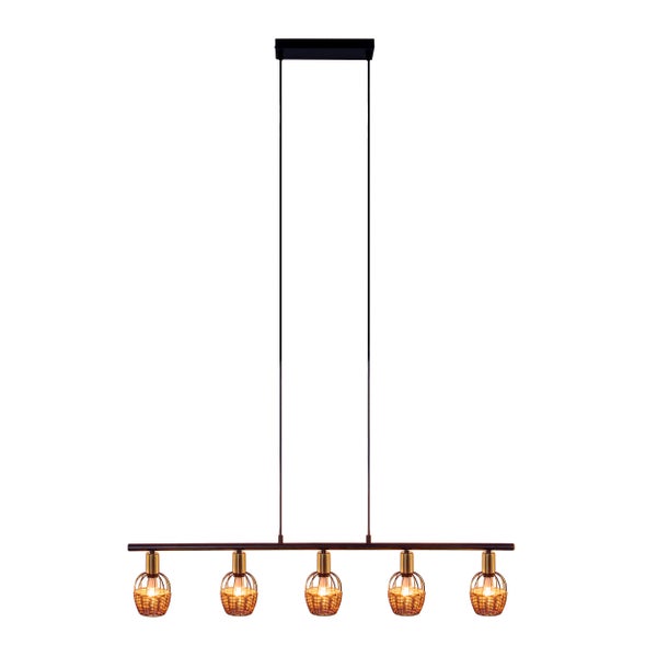 5er Pendelleuchte CORBIS,  Hängelampe aus Metall in Schwarz, mit Gold und Rattan, mit E14-Fassung, für Esszimmer, Wohnzimmer, Diele oder Büro, 100 cm lang