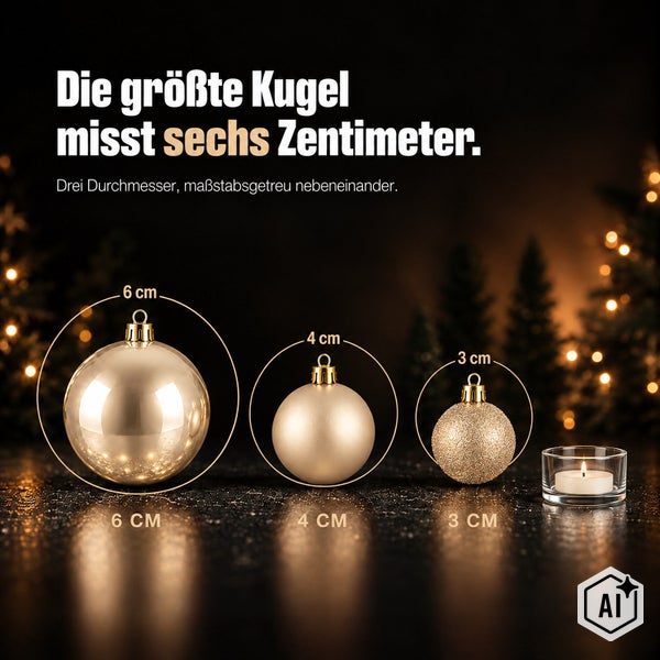 Drei Weihnachtskugeln in den Größen sechs, vier und drei Zentimeter im direkten Größenvergleich auf einer Oberfläche mit Teelicht.