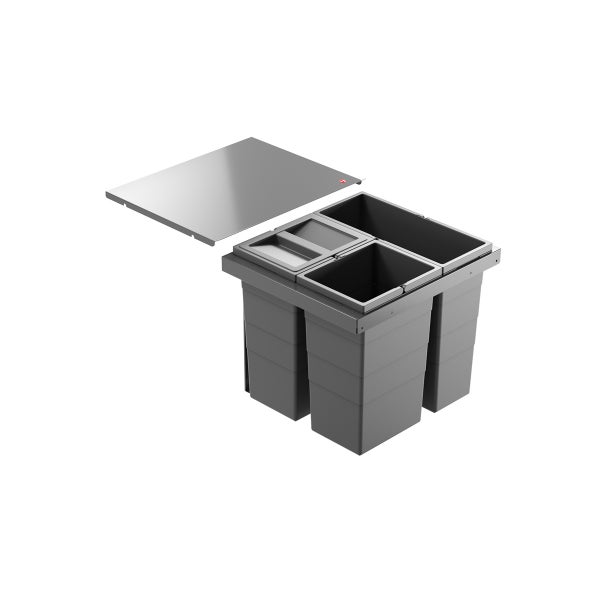 Einbau-Abfalltrennsystem mit vier Kunststoff-Eimern und einer oberen Abdeckplatte für Küchenunterschränke.