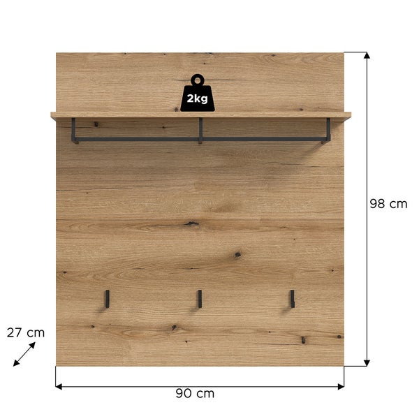 Scout Wandgarderobe 3 Haken 1 Kleiderstange 1 Regal Eiche Dekor. 90 X 27 X 98 cm