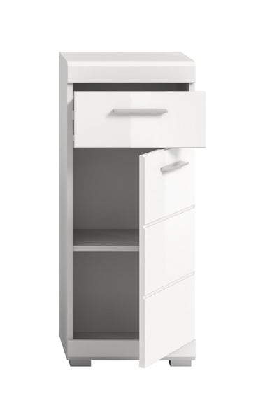 Weißer Badezimmer-Unterschrank mit einer Schublade, einer Tür und silberfarbenen Griffen, ein Einlegeboden im Inneren.