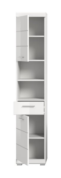 Weißer Bad-Hochschrank in Glanzoptik mit zwei Türen, einer Schublade und mehreren Innenfächern, Türen und Schublade leicht geöffnet.