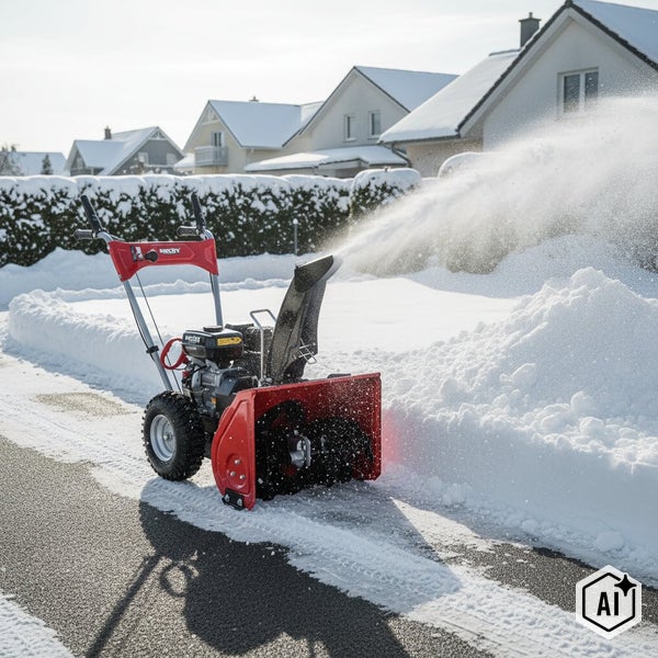 Eine motorisierte Schneefräse beim Räumen von Schnee auf einer asphaltierten Einfahrt vor einem Wohnhaus im Winter.