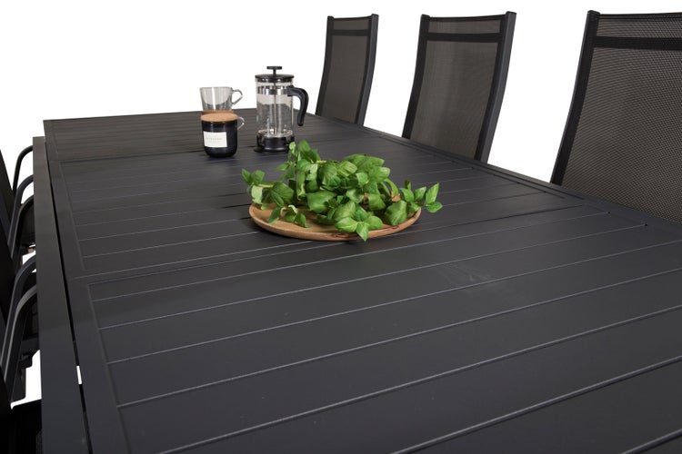 Marbella Gartenset Tisch 100x160/240cm und 8 Stühle Copacabana schwarz. 100 X 160 X 75 cm