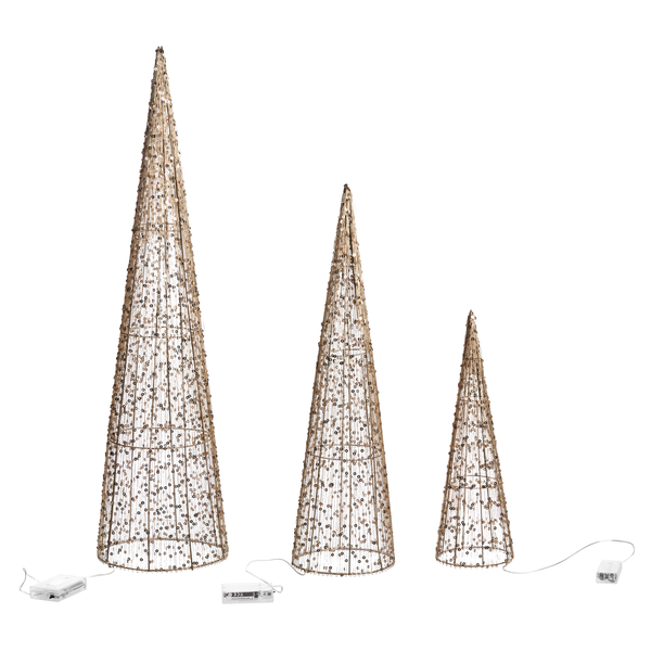 Drei dekorative Weihnachtsbäume in Kegelform mit LED-Beleuchtung