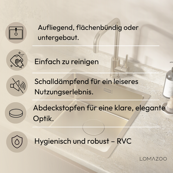 Küchenspüle aus Edelstahl mit Einhebelmischer, Informationen zu Montagearten, Reinigung, Schalldämmung, Ablaufabdeckung und Materialeigenschaften.