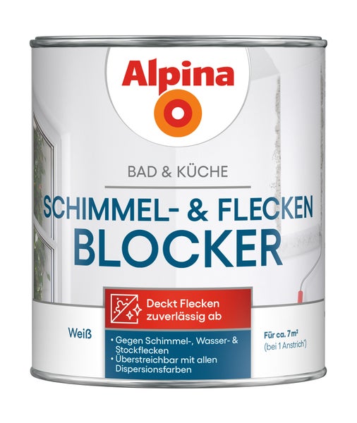 Alpina Logo auf Metalldose Schimmel- und Fleckenblocker für Bad und Küche, deckt Schimmel-, Wasser- und Stockflecken zuverlässig ab.