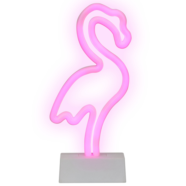 Pinkfarbene LED-Dekoleuchte in Flamingo-Form mit Neon-Optik auf einem grauen Sockel.
