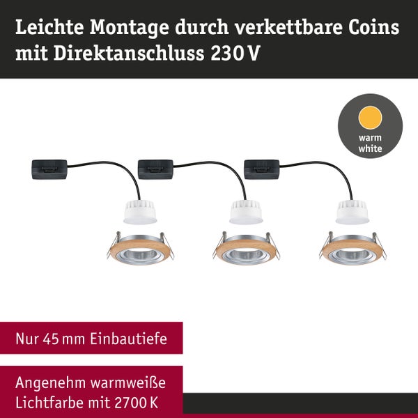 Set aus drei verkettbaren LED Einbaustrahlern mit warmweißer Lichtfarbe und einer Einbautiefe von 45 Millimeter für 230 Volt Direktanschluss.