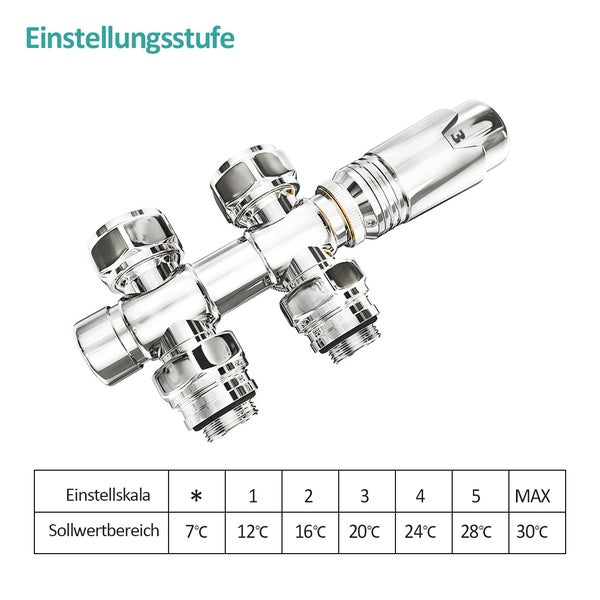 EMKE Multiblock Heizkörperthermostat-Set für Heizkörper, 2 STÜCK SET, Anschlussarmatur und Ventil mit Thermostat, Chrom