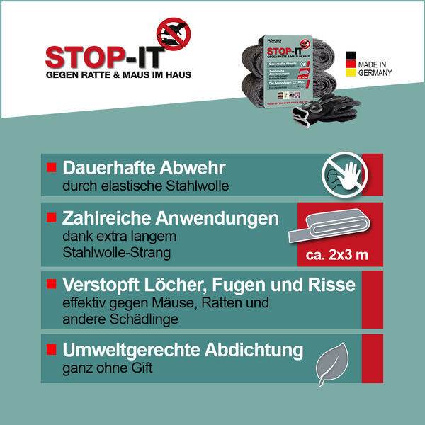 STOP-IT Ratten- und Mäuseabwehr aus Stahlwolle, circa 2 mal 3 Meter, zum Abdichten von Löchern ohne Gift, inklusive Schere und Handschuhen.