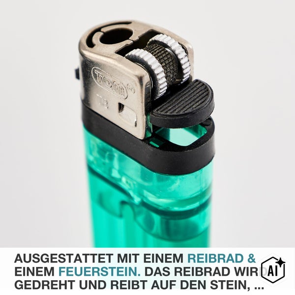 Nahaufnahme eines Feuerzeugs mit Reibrad und Feuerstein Mechanismus.