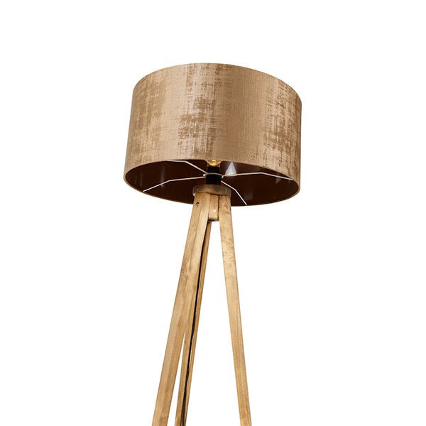 QAZQA - Landhaus I Vintage Ländliches Stativ Vintage Holz mit braunem Farbton 50 cm - Tripod I Dreifuß Lampe I Dreifuss Classic I Wohnzimmer I Schlafzimmer - Rund - LED geeignet E27