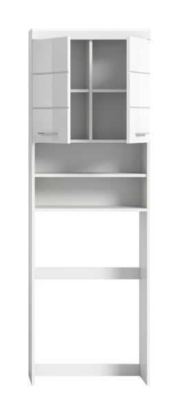 Weißer Badezimmer Hochschrank mit offenen Fächern und Türen, geeignet als Waschmaschinen Überbauschrank.