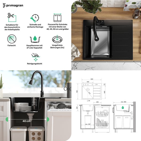 Produktinformationen zur Primagran Spüle: Schablone für den Ausschnitt, schnelle Montage, passend für Schränke ab 40 cm Breite, farbecht, 27 Liter Hauptkammer, vorgefräste Bohrungen und reinigungsleicht.