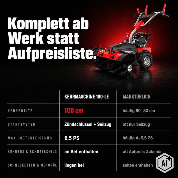 Vergleichstabelle der Kehrmaschine 100-LE mit technischem Vergleich zu marktüblichen Geräten bezüglich Ausstattung und Motorleistung.