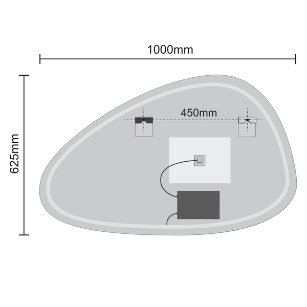 Technische Zeichnung eines asymmetrischen Wandspiegels mit 1000 Millimeter Breite und 625 Millimeter Höhe inklusive Aufhängungspunkten.