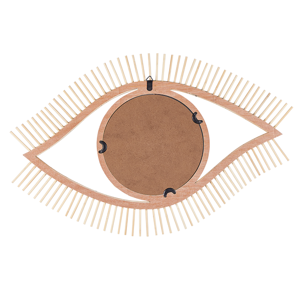 Rückseite eines Dekospiegels in Form eines Auges mit Holzrahmen und Holzstäben