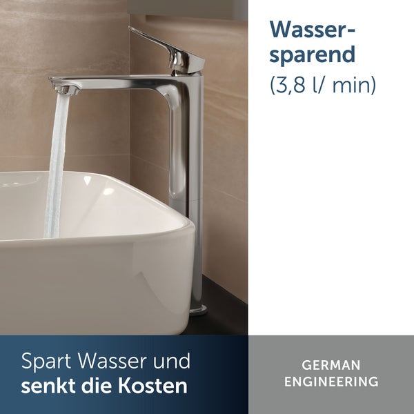 Wassereinsparung von 3,8 Litern pro Minute durch eine moderne Waschtischarmatur an einem Waschbecken.