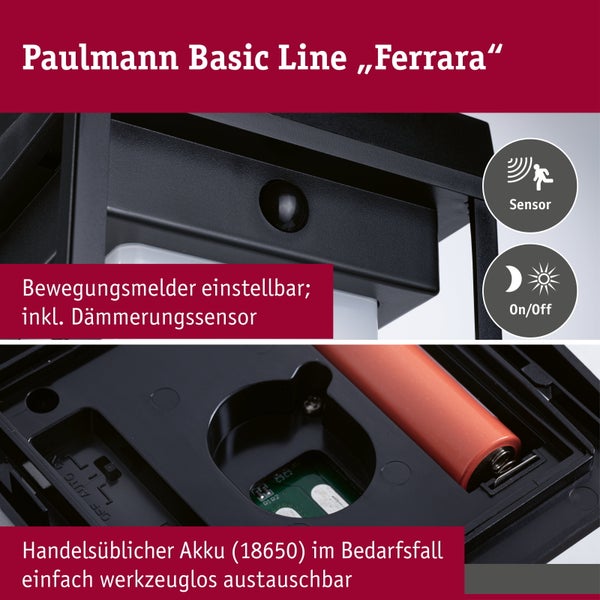 Paulmann Basic Line Ferrara Wandleuchte mit Bewegungsmelder und Dämmerungssensor sowie austauschbarem 18650 Akku ohne Werkzeug.