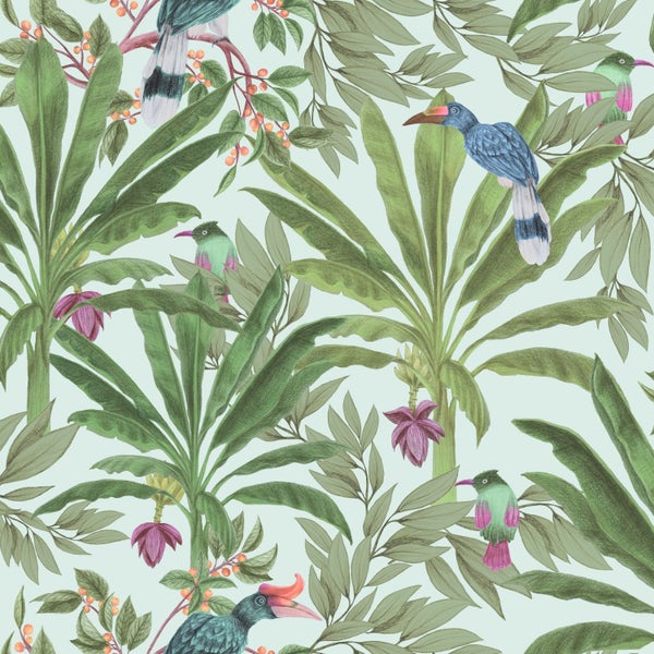 Walls4You Tapete tropische Dschungelblätter und Paradiesvögel Mintgrün und Grün - 53 cm x 10.05 m - 935331