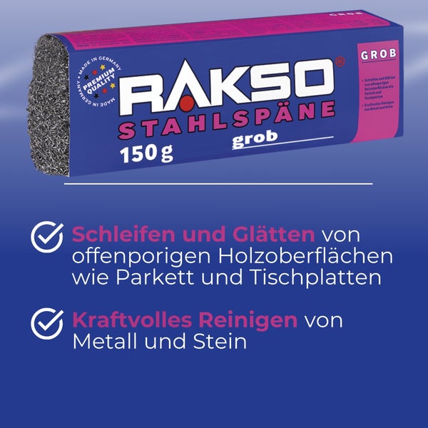 Rakso Stahlspäne grob 150 Gramm zum Schleifen und Glätten von Holzoberflächen sowie zur kraftvollen Reinigung von Metall und Stein.