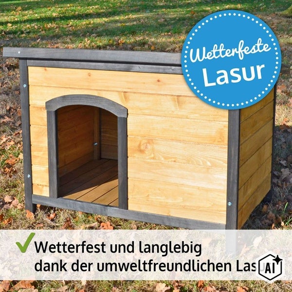 Hölzerne Hundehütte für den Außenbereich mit wetterfester Lasur für Langlebigkeit.