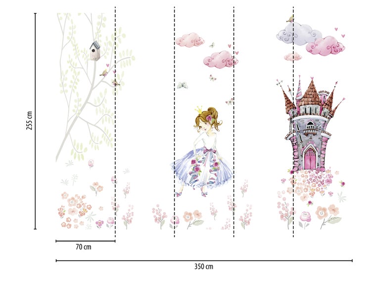 Fototapete für Kinderzimmer mit Prinzessin, Schloss, Baum und Blumen, Breite 350 Zentimeter, Höhe 255 Zentimeter.