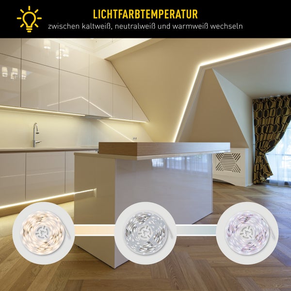LED-Streifen zur Beleuchtung einer modernen Küche mit der Option, die Lichtfarbe zwischen Kaltweiss, Neutralweiss und Warmweiss zu wechseln.