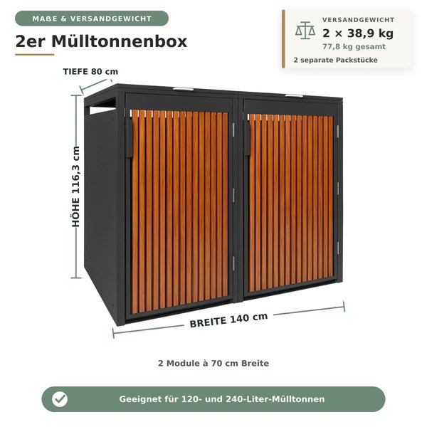 Box für zwei Mülltonnen aus Metall und Holz. Breite 140 Zentimeter, Höhe 116,3 Zentimeter, Tiefe 80 Zentimeter. Für 120 und 240 Liter Tonnen.