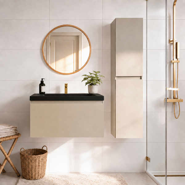 Modernes Badezimmer mit Waschtisch, rundem Spiegel, Hochschrank und Dusche vor hell gefliester Wand.