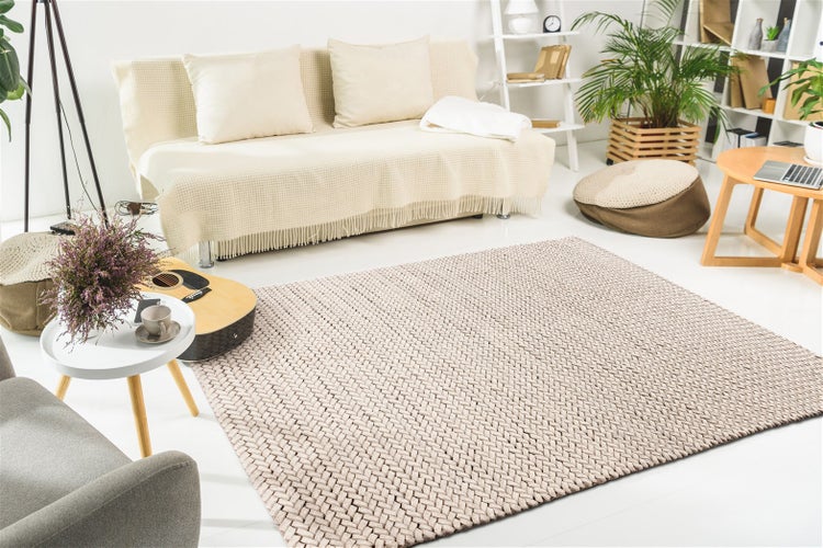 Beige strukturierter Webteppich in einem hellen, modernen Wohnzimmer mit hellem Sofa, Holzmöbeln und Zimmerpflanzen.