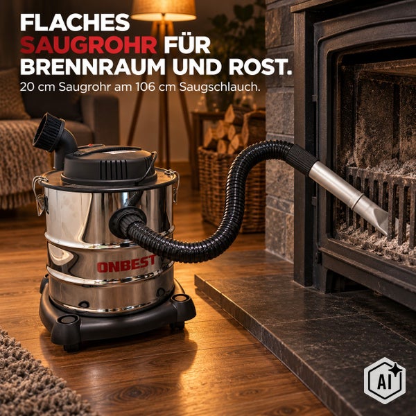 Aschesauger mit waschbarem Faltenfilter und beutellosem Betrieb, Motor lässt sich werkzeuglos abnehmen für einfache Reinigung.