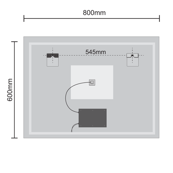 Technische Zeichnung der Rückseite eines Spiegels mit Wandmontagepunkten und Maßen von 800 Millimeter Breite und 600 Millimeter Höhe.