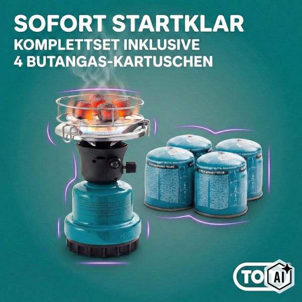 TOM Anzündkamin Set inklusive Campingkocher und vier Butangas Kartuschen für schnelles Anzünden von Holzkohle.