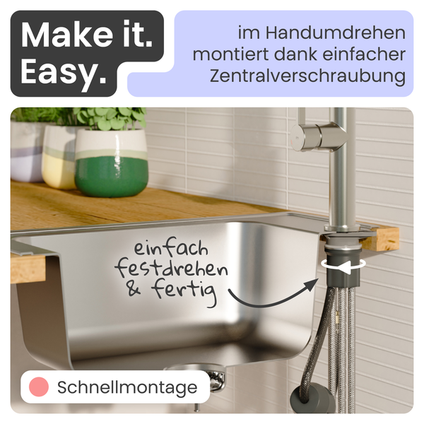 Spüle mit einfacher Installation durch zentrale Verschraubung