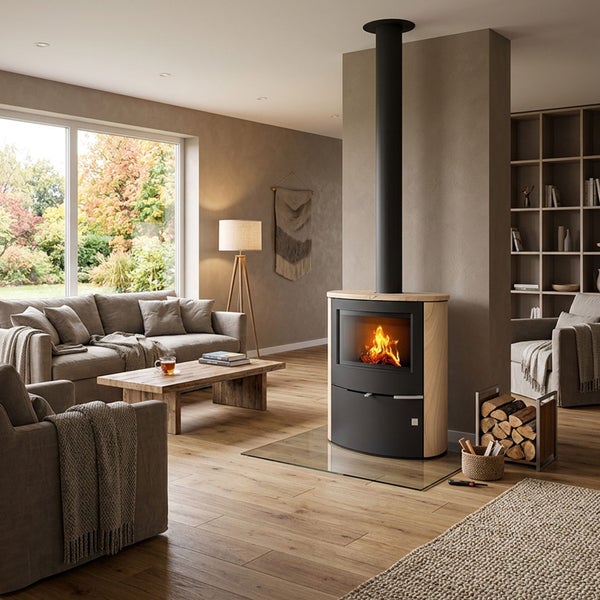Ein moderner Kaminofen in einem gemütlichen Wohnzimmer mit Sitzgruppe, Holzboden, großem Fenster und einem integrierten Holzregal.