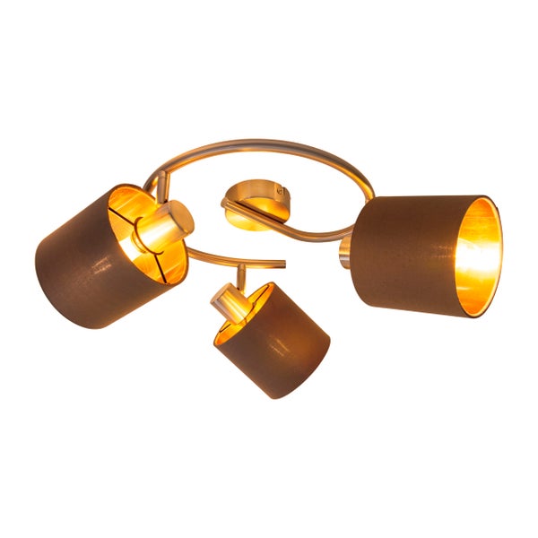 3er Wand- und  Deckenrondell MARON aus Metall satiniert-matt mit Stoffschirmen  in Braun, mit E14-Fassung, Lampe für Wohnzimmer, Esszimmer, Flur und Büro, 28,5 cm Durchmesser