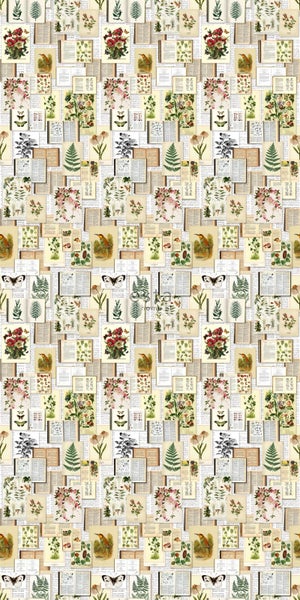 ESTAhome XXL-Vliestapete Seiten aus botanischen Büchern Crème-Beige, Grün, Braun und Ockergelb - 50 x 900 cm - 158825
