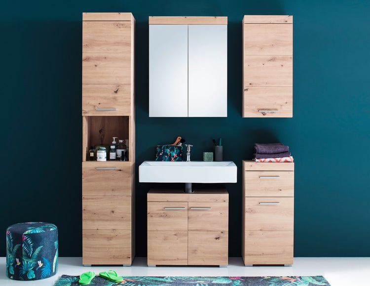 AmandaMando Bad Hochschrank 2 Türen, 1 offenes Fach Eiche Dekor. 37 X 31 X 190 cm