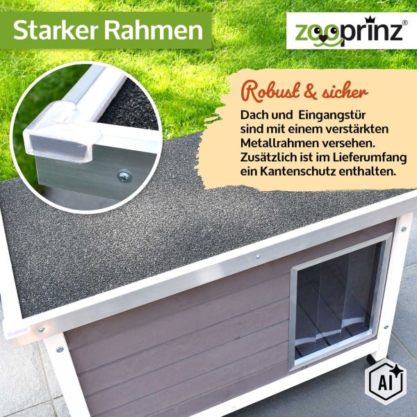 Hundehütte mit verstärktem Metallrahmen an Dach und Eingangstür sowie zusätzlichem Kantenschutz für mehr Stabilität und Sicherheit von Zooprinz.