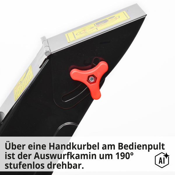 Auswurfschacht einer Schneefräse mit verstellbarem Kamin, drehbar um 190 Grad mittels Drehknopf